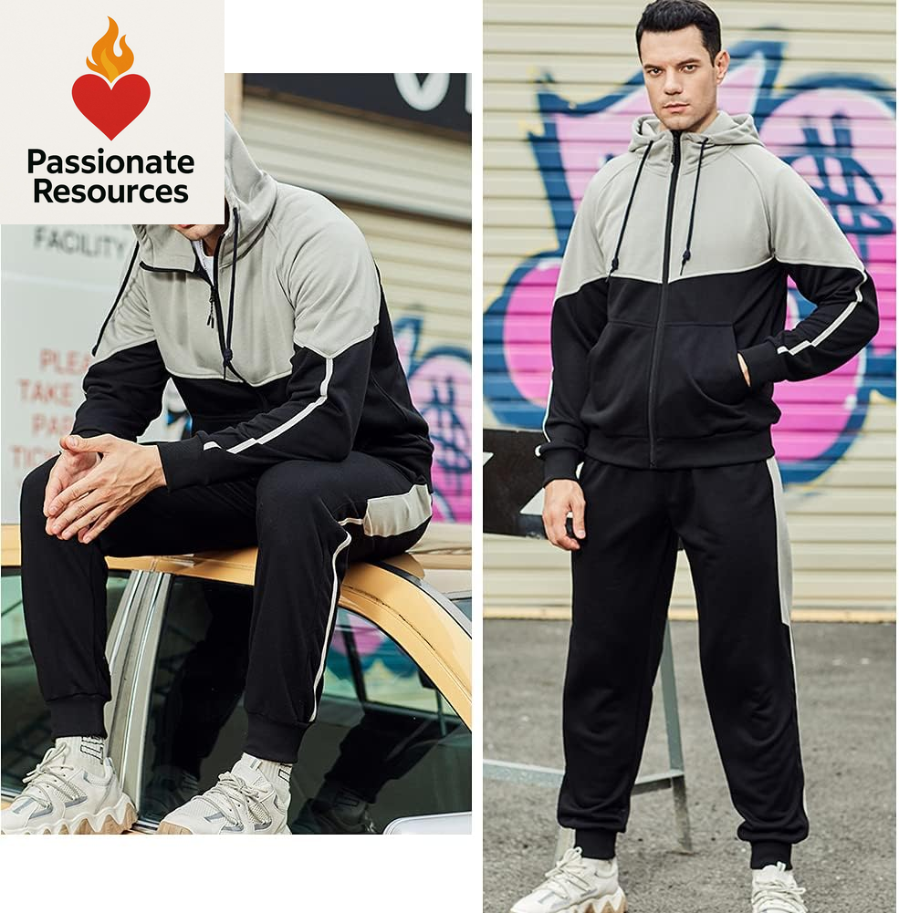 Men'S Hooded Athletic Tracksuit Sweatsuit Long Sleeve Full-Zip Jogging Sweatpants 2 Piece Patchwork Sportsuits