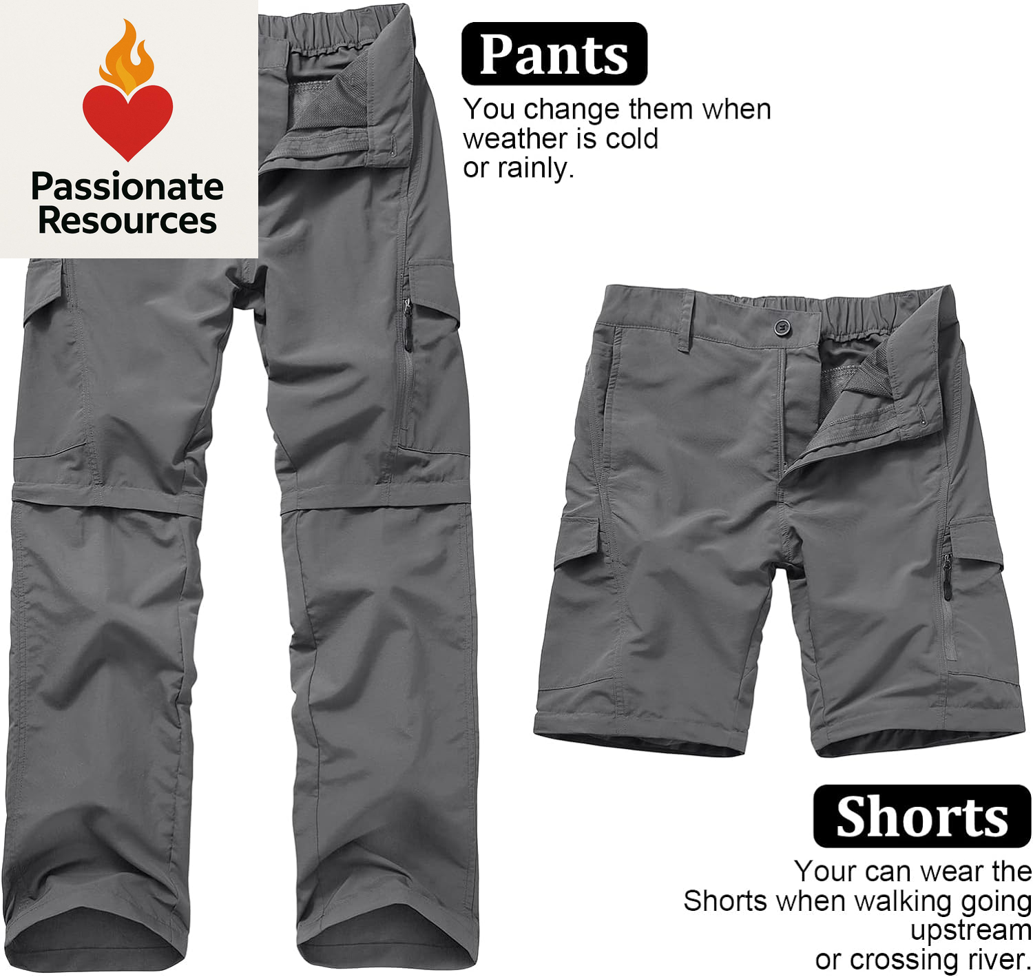 Mens Hiking Pants Quick Dry Lightweight Fishing Convertible Zip off Safari Trousers