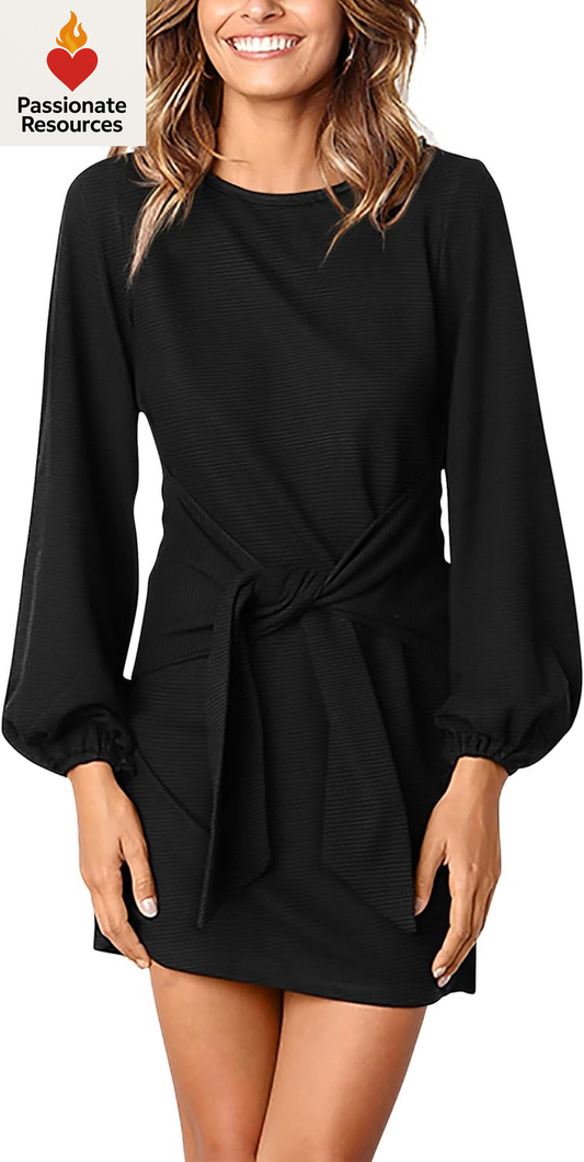 Womens Fall Elegant Long Lantern Sleeve Short Dress Wedding Guest Crewneck Tie Waist Knit Cocktail Dresses