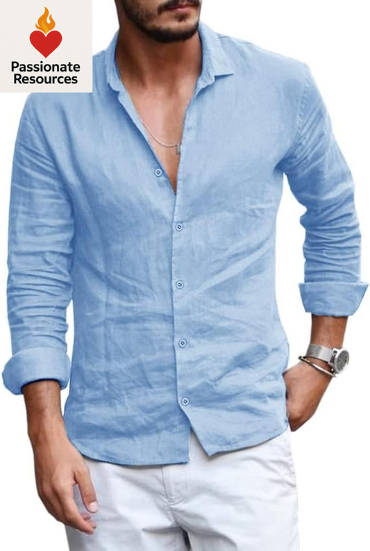Mens Button down Shirt Linen Cotton Shirts Casual Long Sleeve Spread Collar Lightweight Beach Plain Tops