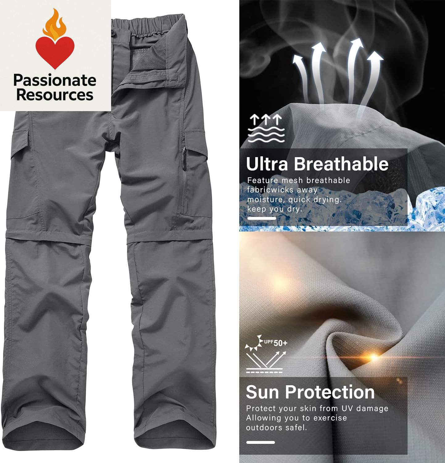 Mens Hiking Pants Quick Dry Lightweight Fishing Convertible Zip off Safari Trousers