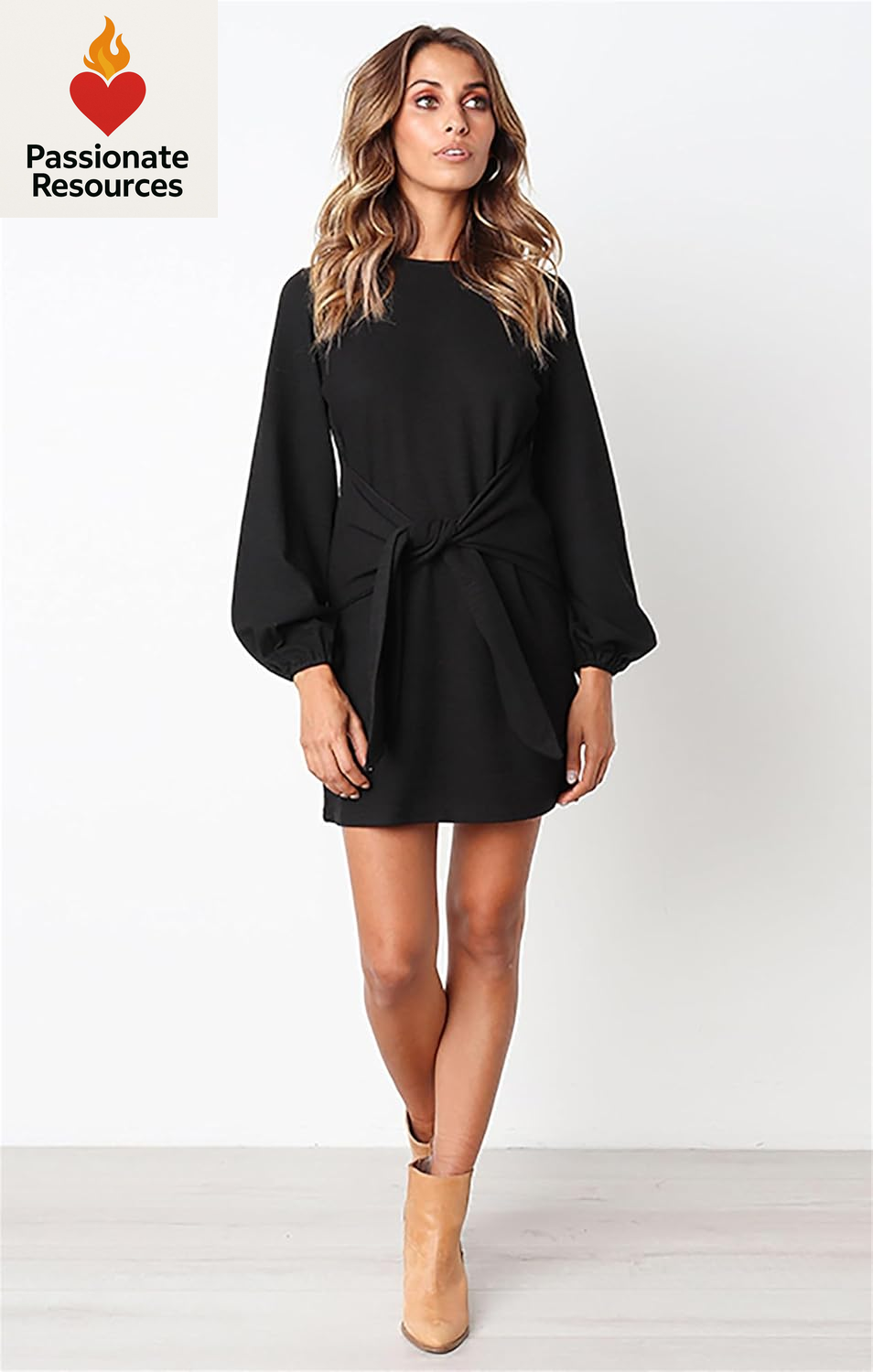 Womens Fall Elegant Long Lantern Sleeve Short Dress Wedding Guest Crewneck Tie Waist Knit Cocktail Dresses