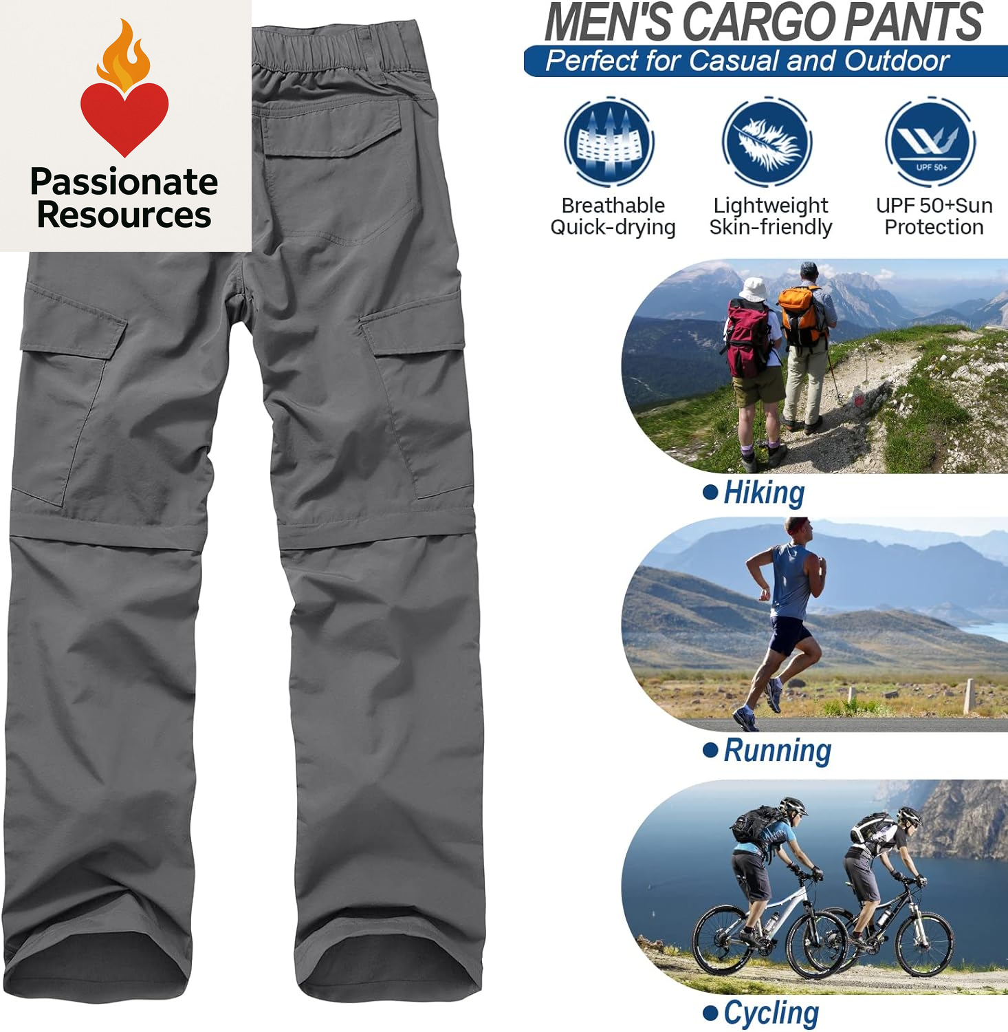 Mens Hiking Pants Quick Dry Lightweight Fishing Convertible Zip off Safari Trousers