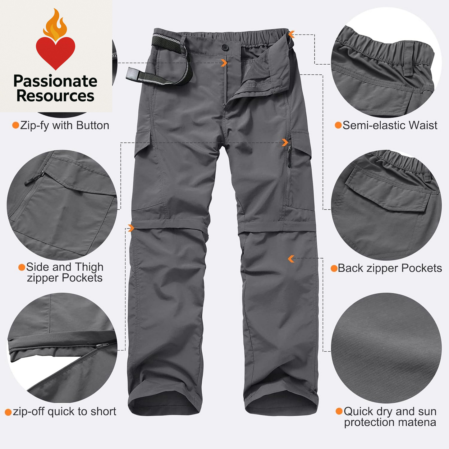 Mens Hiking Pants Quick Dry Lightweight Fishing Convertible Zip off Safari Trousers